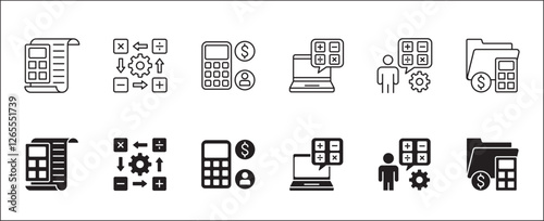 Business accounting icon set. Finance and calculation icons. Icons set contains symbol of accountant, salary, tax, billing, calculator, report, audit, balance, income, earnings, analysis, budget.