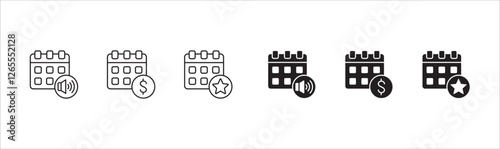 Calendar icon set. Icons set contains symbol of schedule, agenda, time, event alert, appointment, timer, payday. Vector icons in thin line and solid design.