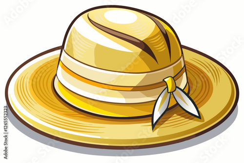 vector of Vintage Panama hat, Womens summer yellow straw hat with the white ribbon isolated on white background.
