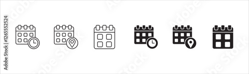 Calendar icon set. Icons set contains symbol of schedule, agenda, time, event alert, appointment, timer, payday. Vector icons in thin line and solid design.