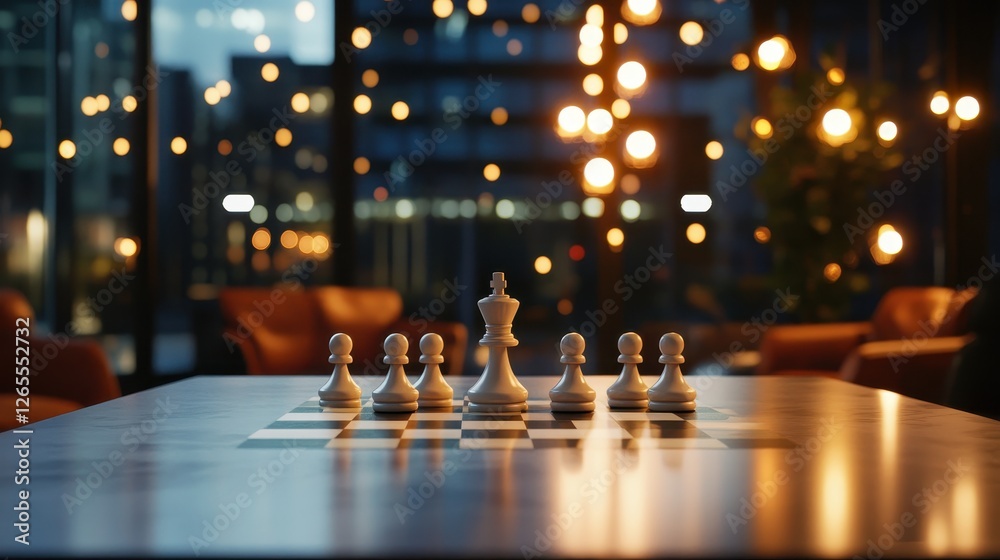 Elegant Chess Set on Table with Blurred City Lights at Night Elegant Chess Set on Table with Blurred City Lights at Night