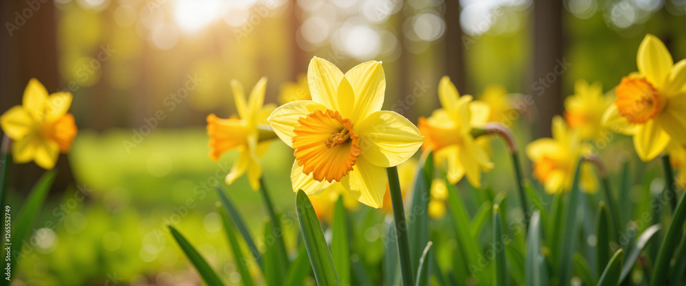 Fototapeta premium Single daffodil blooming in lush garden at dawn, beauty of nature