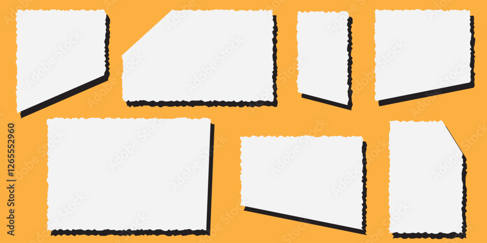 Torn paper pieces set. Black rectangle frames with jagged edges. Ripped rectangular shape silhouettes collection. Textured grunge element bundle for collage, text box, banner, sticker . 1176