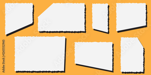 Torn paper pieces set. Black rectangle frames with jagged edges. Ripped rectangular shape silhouettes collection. Textured grunge element bundle for collage, text box, banner, sticker . 1176