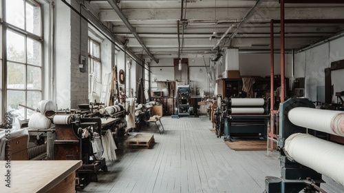 Industrial vintage textile workshop interior, antique machinery, empty room, sunlight photo