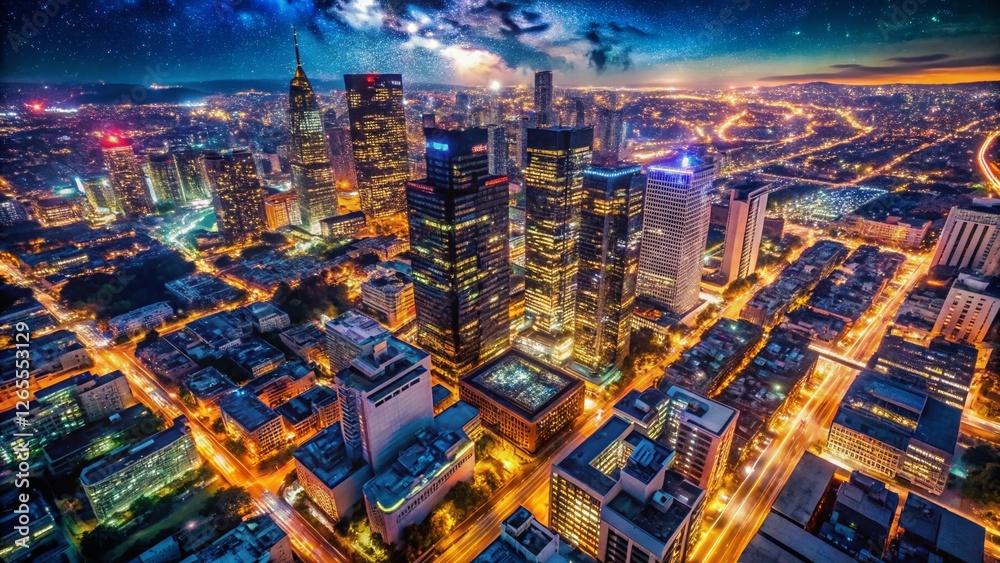 Obraz premium Aerial Night Cityscape: Drone View of Illuminated Urban Skyline