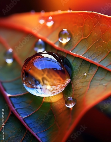 Close-Up of Vibrant Water Droplets on a Textured Colorful Leaf. Ai Generative