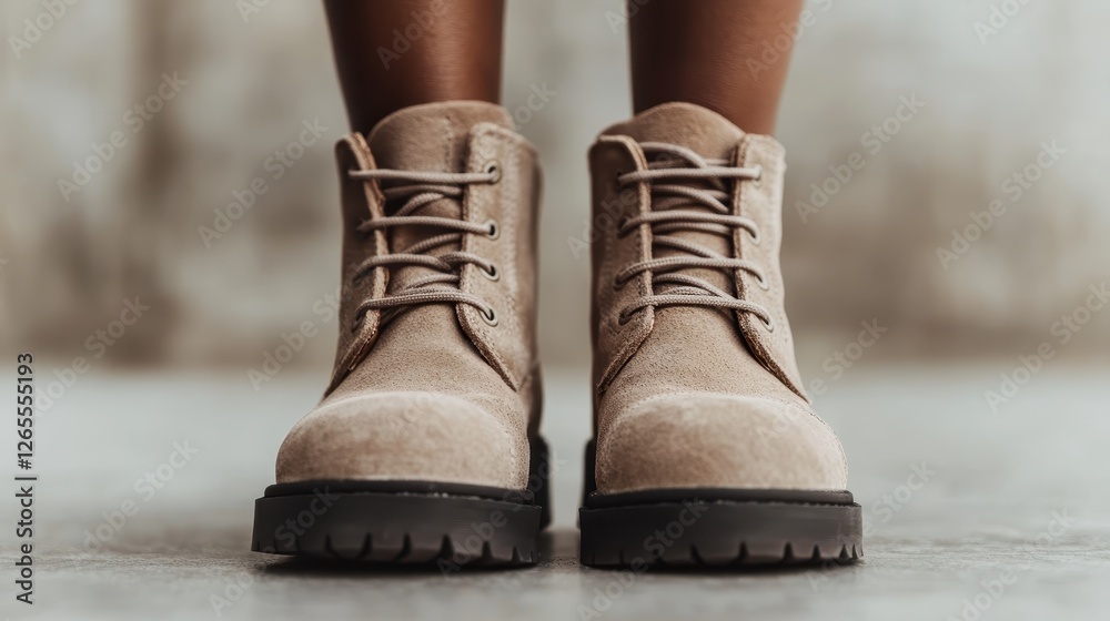 The image showcases a pair of stylish beige boots on a concrete surface, emphasizing their rugged design and versatile appeal for casual or outdoor wear. The image showcases a pair of stylish beige boots on a concrete surface, emphasizing their rugged design and versatile appeal for casual or outdoor wear.