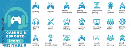 Gaming and Esports vector icon set perfect for tournaments, streaming, pro gamers, and game branding. Fully editable.eps