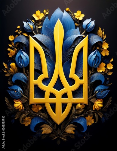 Ukrainian trident poster - Blue and Yellow Floral Arrangement Depicting Symbolic Design on a Dark Background. Ai Generated
