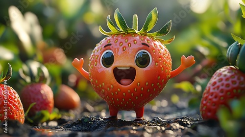 Cheerful cartoon strawberry character amidst vibrant strawberry plants in a sunny field