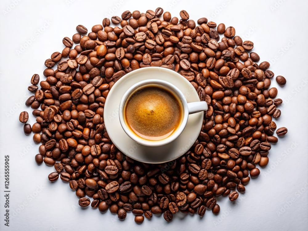 Fototapeta premium Aerial View Coffee Beans & Cup - White Background Drone Photography Stock Photo