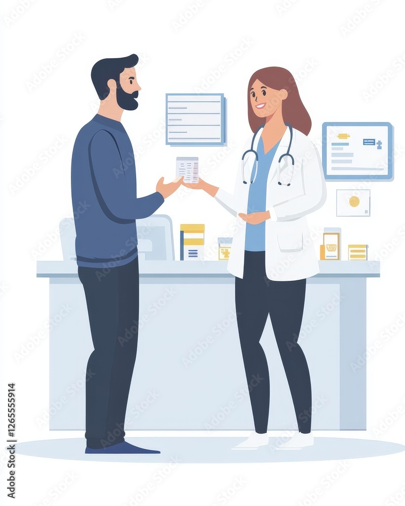 Pharmacist explaining a prescription to a patient in a clean, bright space Pharmacist explaining a prescription to a patient in a clean, bright space