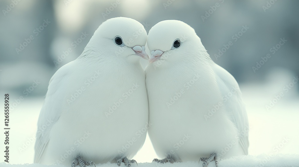 Two white doves cuddling in snowy winter scene, perfect for romantic cards Two white doves cuddling in snowy winter scene, perfect for romantic cards