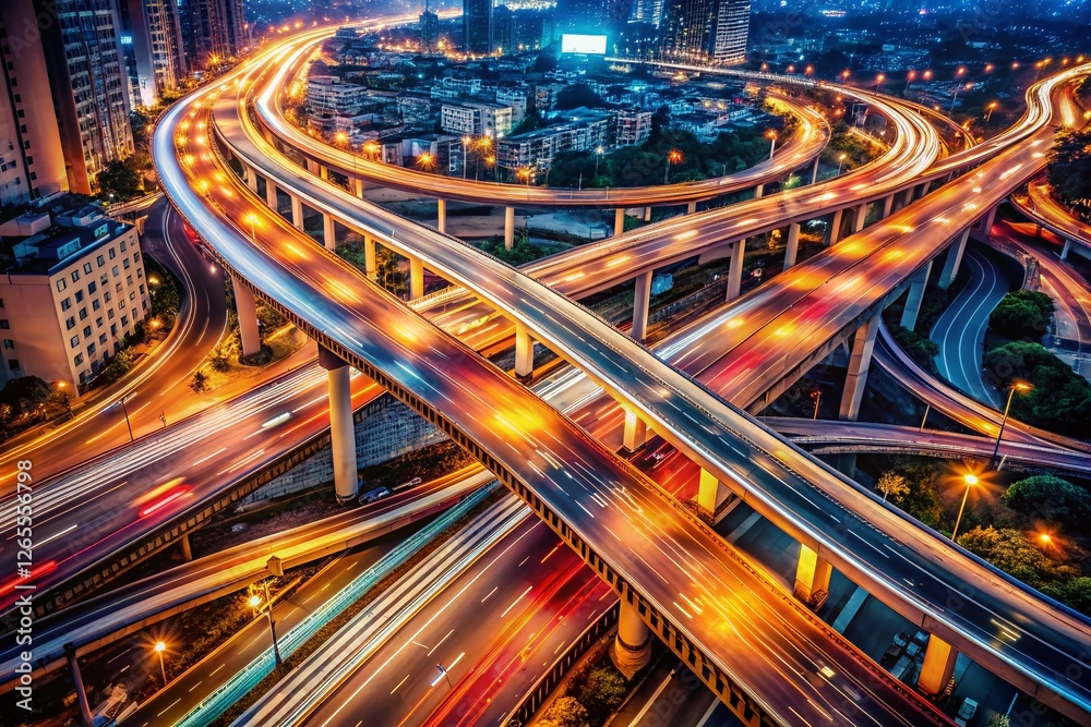 Naklejka premium Aerial View Double Exposure: City Traffic Jam & Road Junction