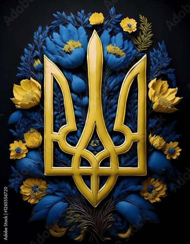 Ukrainian trident poster - Blue and Yellow Floral Arrangement Depicting Symbolic Design on a Dark Background. Ai Generated
