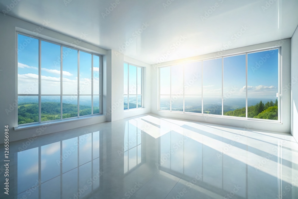Obraz premium Aerial View Empty White Room Window 3D Render - Minimalist Interior Design Stock Photo