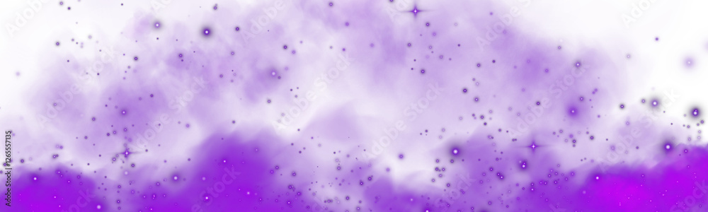 Obraz premium Fantastic purple smoke background. Magic purple smoke with glitter and small particles of twinkling stars. Fog with luminous particles. Purple vapor with stardust. Morning fog over land or water. PNG.