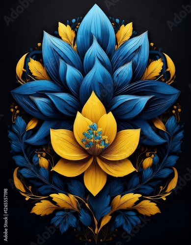 Ukrainian trident poster - Blue and Yellow Floral Arrangement Depicting Symbolic Design on a Dark Background. Ai Generated