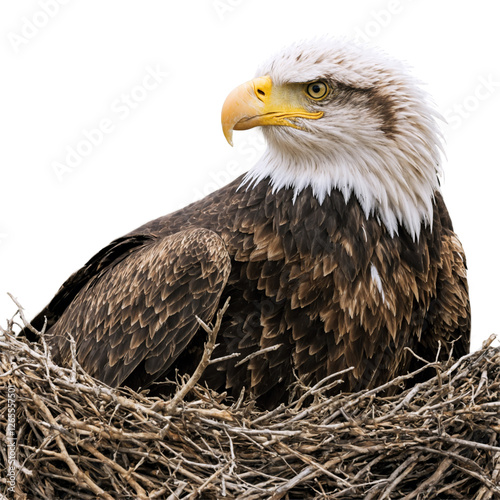 A majestic eagle perched in a large nest, its sharp gaze looking outward, with a white backdrop.