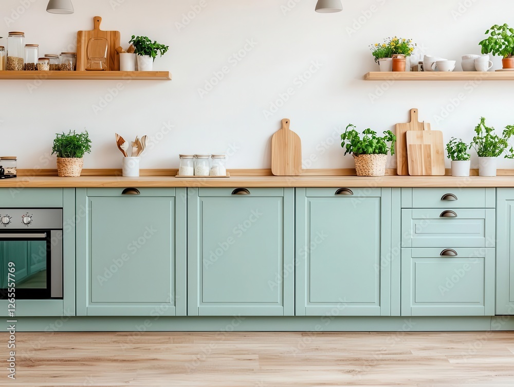 Scandinavian spring kitchen with a light blue island, fresh herbs, and simple floral accents Scandinavian spring kitchen with a light blue island, fresh herbs, and simple floral accents
