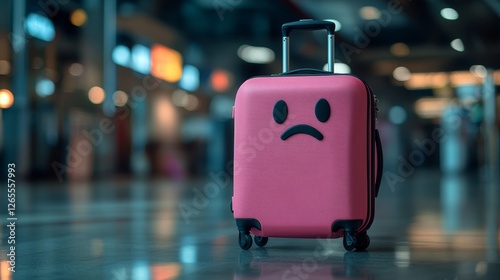 lost luggage concept, sad forgotten pink suitcase against airport, copy space