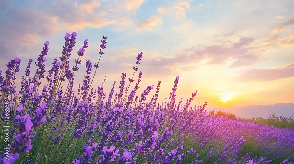 Fototapeta premium Lavender Field Sunset Peaceful Serene Landscape