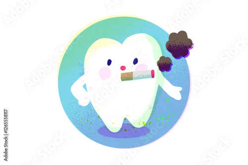 タバコを吸う歯のキャラクター 　手描きイラスト素材