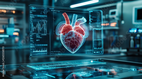 Futuristic heart surgery setup with holographic display technology