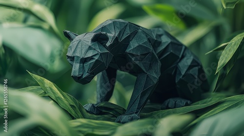 Crouching origami panther sculpture jungle setting artistic papercut creation lush environment close-up view bold animal design photo