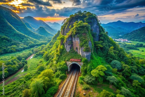 Aerial View: Khao Phra Phutthachai Railway Tunnel Entrance, Saraburi, Thailand photo