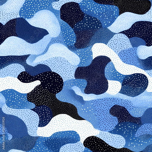 Navy blue camouflage abstract pattern, seamless military-inspired design for fashion and decor.