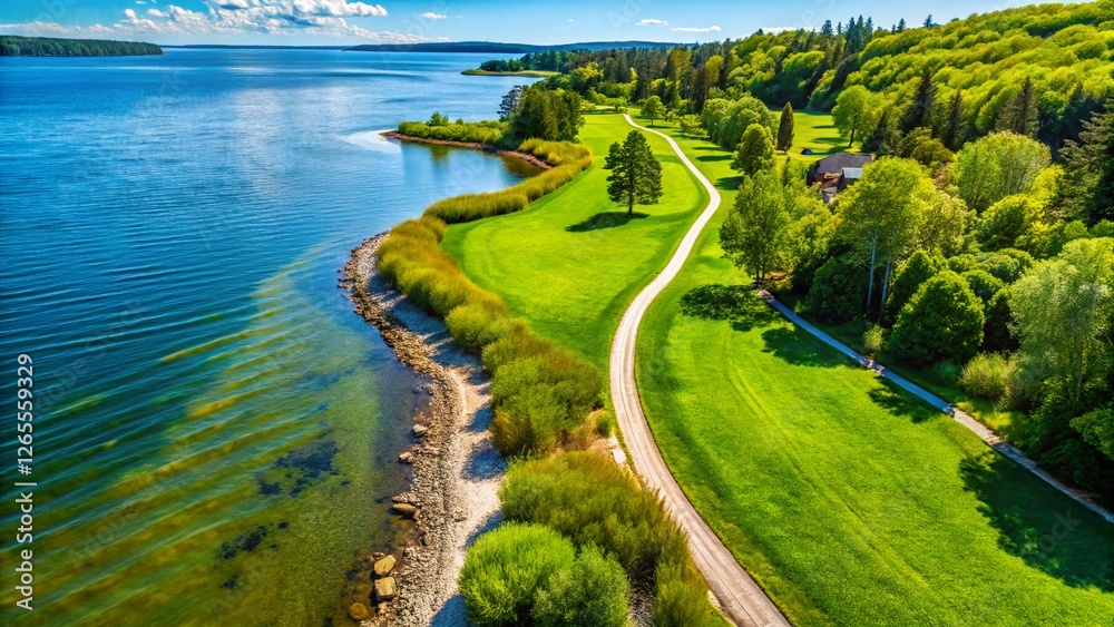 Fototapeta premium Aerial View: Lush Green Grass Waterfront Trail, Montebello, Quebec, Canada