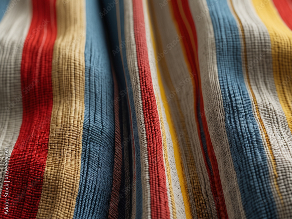 A hyperrealistic ultra-high-resolution close-up of textured woven fabric with multicolor striped patterns. A hyperrealistic ultra-high-resolution close-up of textured woven fabric with multicolor striped patterns.