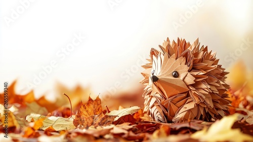 Delicate papercut origami animal hedgehog autumn leaves craft display nature scene close-up artistry and creativity