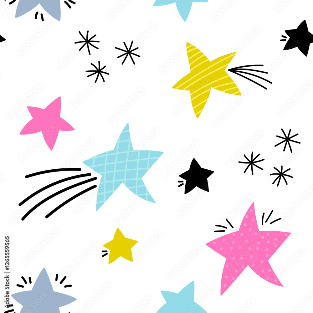 Fototapeta premium Vector seamless pattern of colorful stars isolated on white background. Holiday wallpaper, paper, wrapping