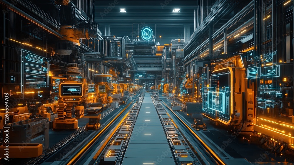 An industrial assembly line guided by holographic AI interfaces, vibrant and futuristic An industrial assembly line guided by holographic AI interfaces, vibrant and futuristic