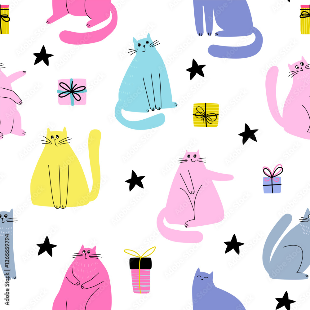 Fototapeta premium Vector seamless pattern of cute cat and Christmas decoration isolated on white background. Holiday wallpaper, paper, wrappind