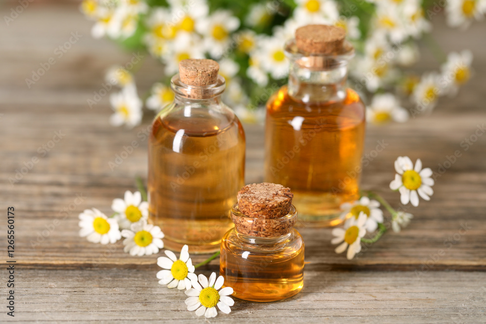 Bottles of essential oil and chamomile flowers on wooden table, closeup Bottles of essential oil and chamomile flowers on wooden table, closeup