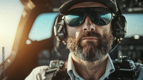 A focused pilot, donned in professional attire and headset, exudes confidence while steering the aircraft, reflecting the high responsibility of aviation leadership. photo