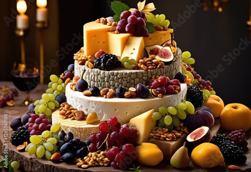 stunning cascading cheese display adorned seasonal elegant accents culinary events, charcuterie, platter, board, gourmet, fruits, nuts, dairy, snack