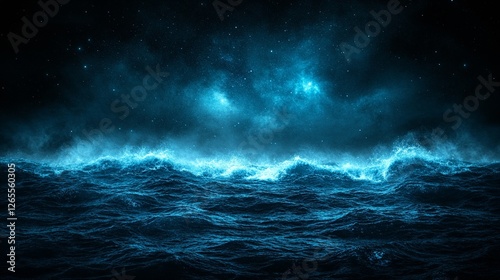 A nighttime ocean illustration where waves crash under a glowing sky is used to showcase landscape photography