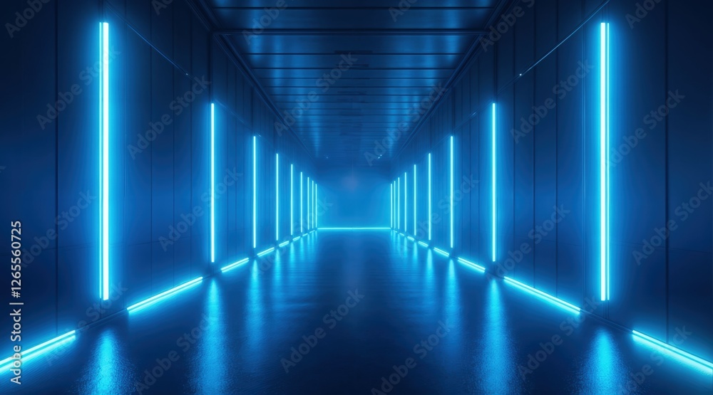 Neon-lit hallway with intense blue illumination, long perspective futuristic passage, dark tunnel with glowing LED strips, ultra-modern sci-fi environment, high contrast moody lighting, immersive atmo Neon-lit hallway with intense blue illumination, long perspective futuristic passage, dark tunnel with glowing LED strips, ultra-modern sci-fi environment, high contrast moody lighting, immersive atmo