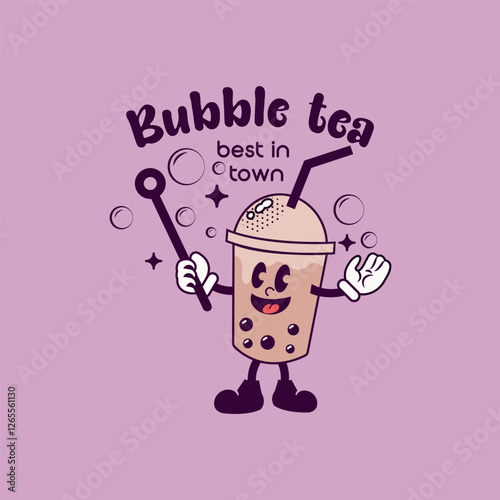 Bubble tea groovy retro mascot character on violet background.  Vector flat logo with bubbles. Vintage milk tea drink cartoon design illustration, trendy stickers, branding identity for web.	