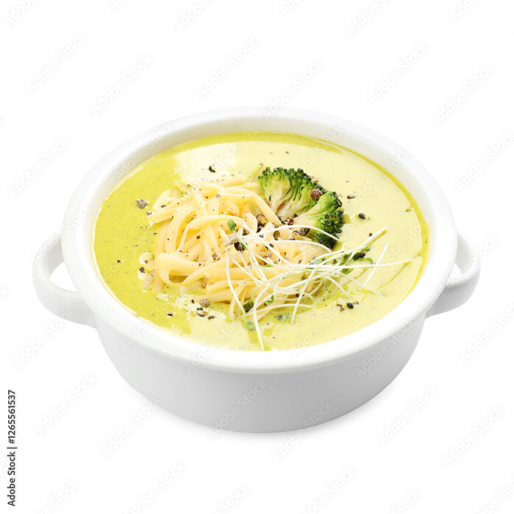 Delicious broccoli cream soup in bowl isolated on white Delicious broccoli cream soup in bowl isolated on white