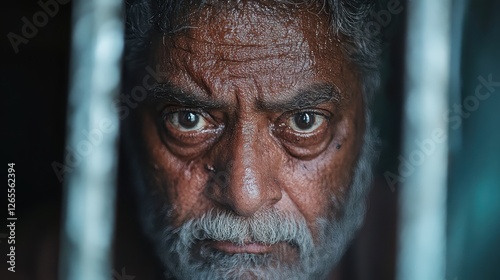A powerful portrait capturing the intense gaze of an older man, showcasing emotion and thoughtfulness, surrounded by an abstract background.