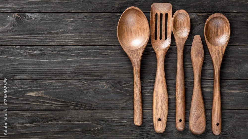 Wooden cooking utensils on dark wood, kitchen background, cooking blog Wooden cooking utensils on dark wood, kitchen background, cooking blog