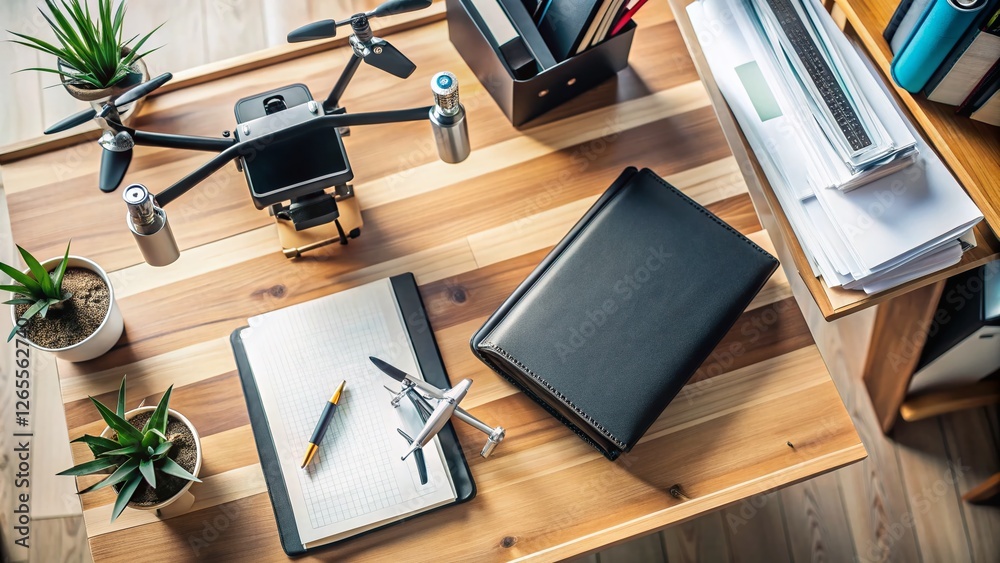 Aerial View of Black Binder and Documents on Desk - Drone Photography Aerial View of Black Binder and Documents on Desk - Drone Photography