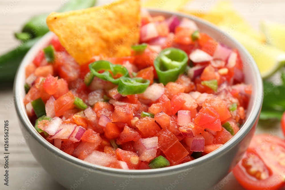 Delicious salsa and nacho in bowl on table, closeup Delicious salsa and nacho in bowl on table, closeup