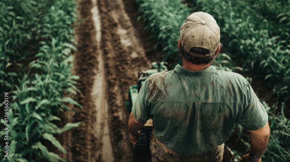 A back view of a dirty-shirted farmer standing in a lush field, symbolizing the hard work and connection to the earth found in modern farming life. A back view of a dirty-shirted farmer standing in a lush field, symbolizing the hard work and connection to the earth found in modern farming life.